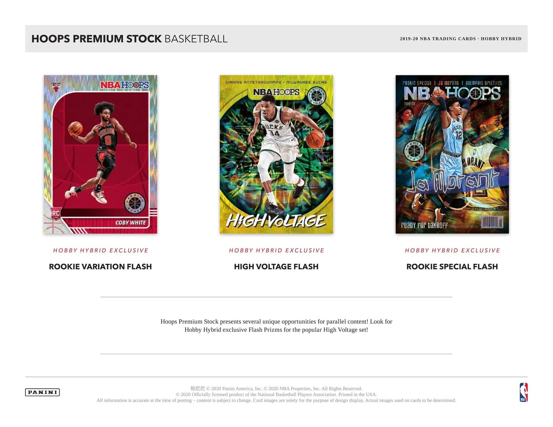 2019/20 Panini Hoops Premium Stock Basketball Hobby Box 4 Packs Per Box, 6 Cards Per Pack