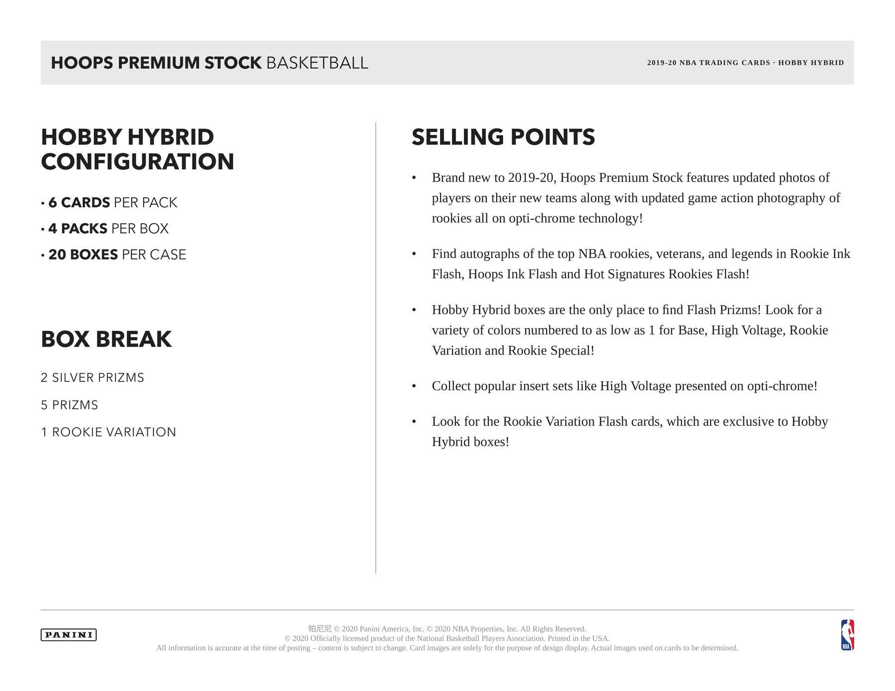 2019/20 Panini Hoops Premium Stock Basketball Hobby Box 4 Packs Per Box, 6 Cards Per Pack
