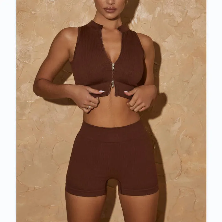 Activewear Plain Sport Zip Vests & Shorts Wholesale Workout Clothes Womens 2pcs Seamless Athletic Yoga Suits