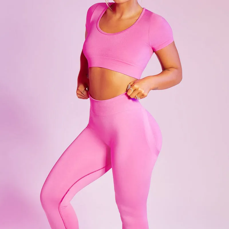 Athletic Womens 2pcs Seamless Short Sleeve Sport Tops & Leggings Yoga Suits Wholesale Workout Clothes