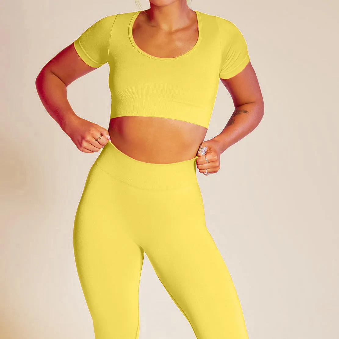 Athletic Womens 2pcs Seamless Short Sleeve Sport Tops & Leggings Yoga Suits Wholesale Workout Clothes