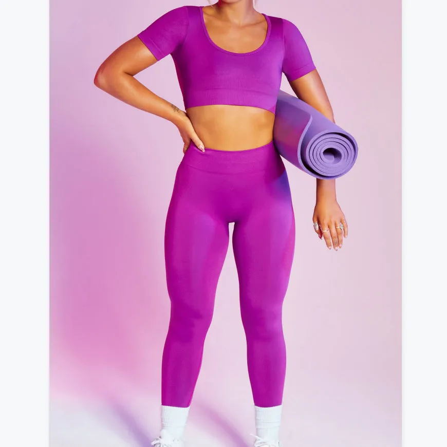 Athletic Womens 2pcs Seamless Short Sleeve Sport Tops & Leggings Yoga Suits Wholesale Workout Clothes