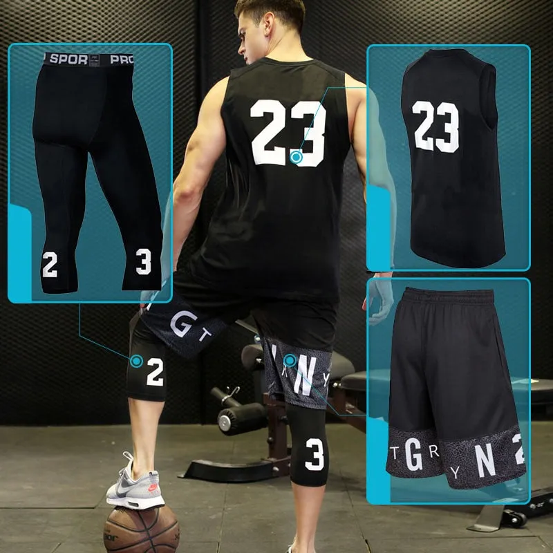 BINTUOSHI 3pcs Men Basketball Jersey Gym Fitness Clothing Sportswear Male Gym Running Sets Training Suit Running Clothes