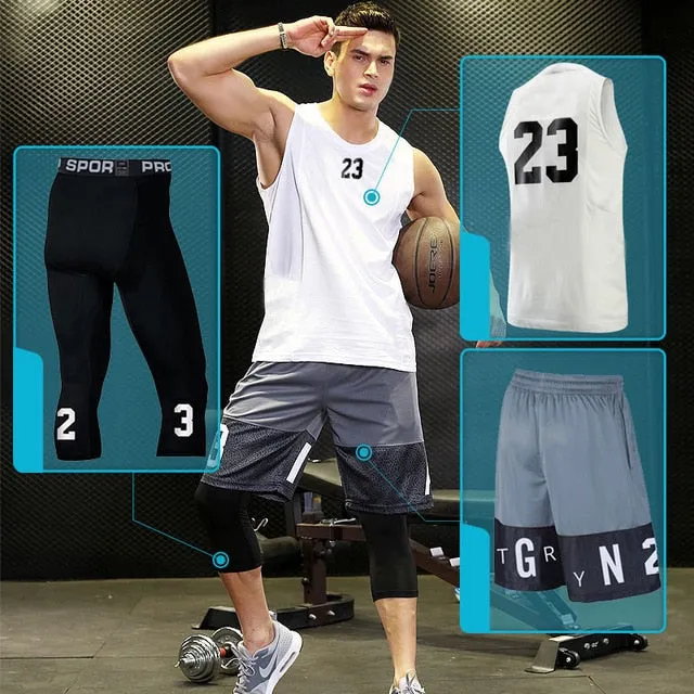 BINTUOSHI 3pcs Men Basketball Jersey Gym Fitness Clothing Sportswear Male Gym Running Sets Training Suit Running Clothes