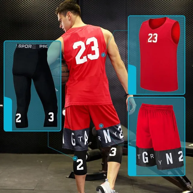 BINTUOSHI 3pcs Men Basketball Jersey Gym Fitness Clothing Sportswear Male Gym Running Sets Training Suit Running Clothes