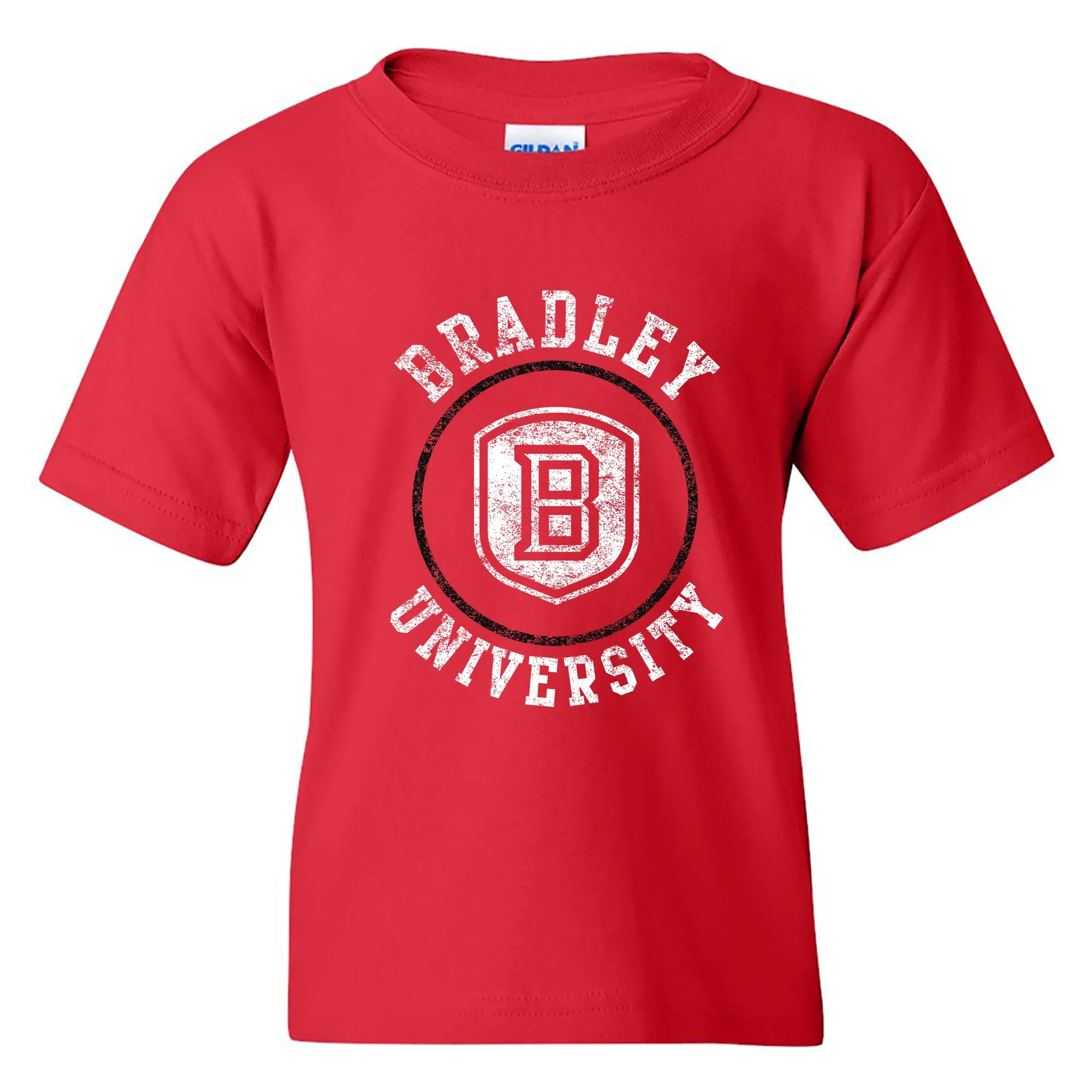 Bradley University Braves Distressed Circle Logo Basic Cotton Short Sleeve Youth T Shirt - Red