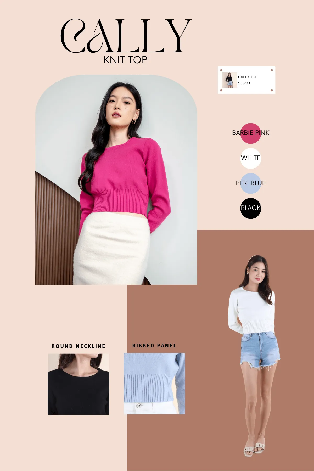 CALLY ROUND NECK SLEEVE KNIT TOP IN PERI BLUE