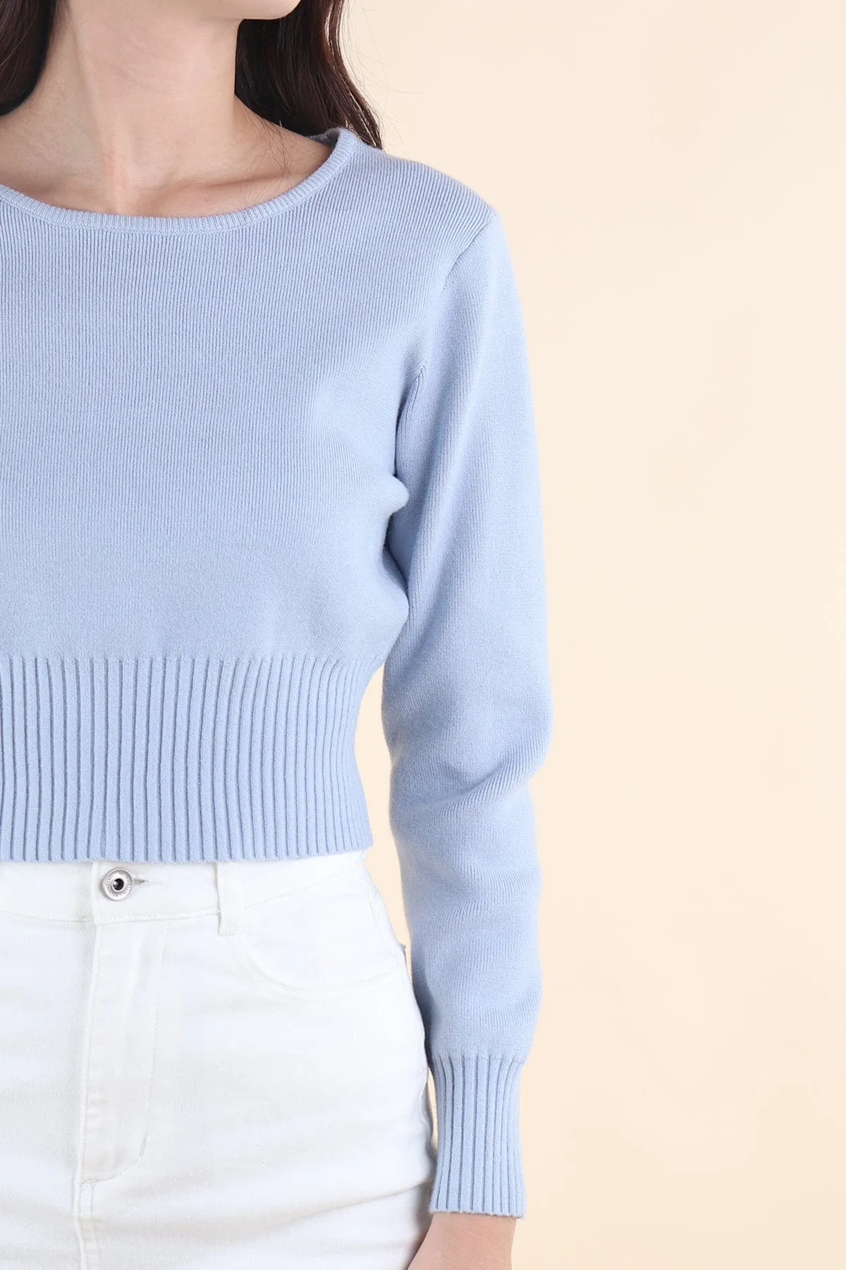 CALLY ROUND NECK SLEEVE KNIT TOP IN PERI BLUE