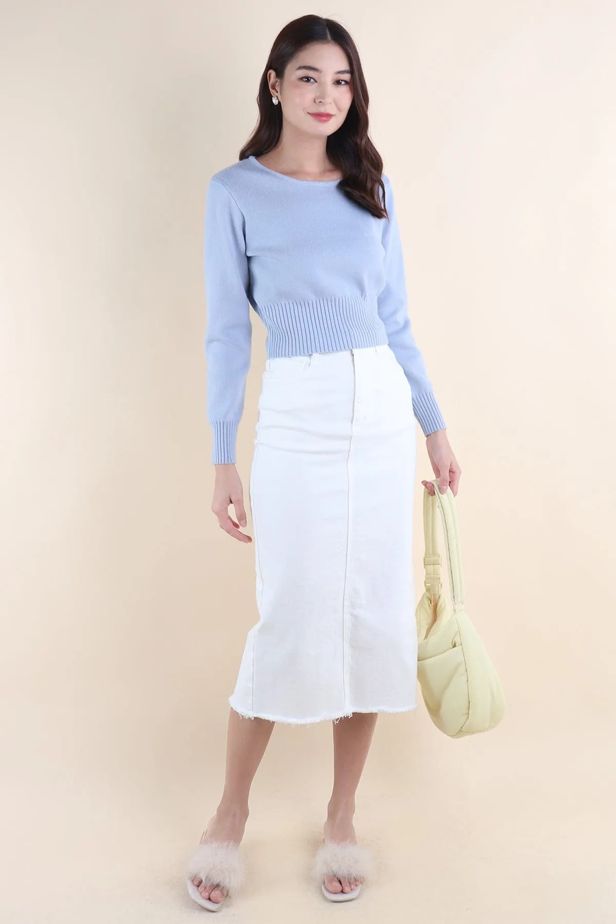 CALLY ROUND NECK SLEEVE KNIT TOP IN PERI BLUE