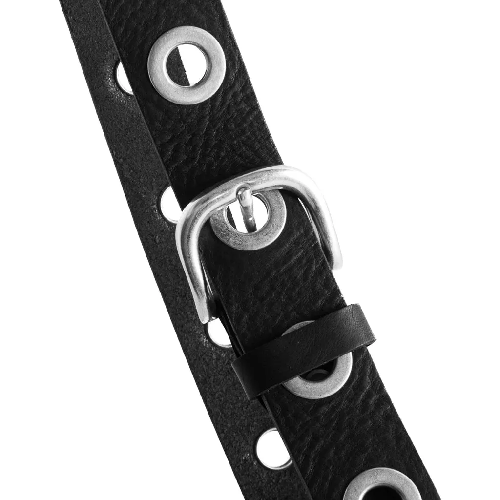 Cool jeans leather belt decorated with large eyelets / 13702 - Silver