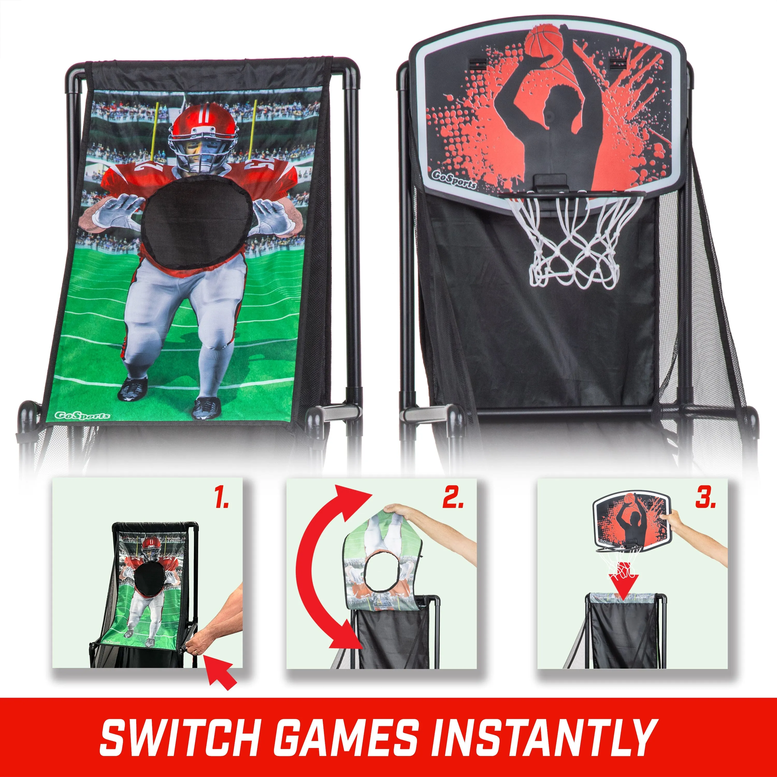 GoSports 2 in 1 Basketball & Football Toss Arcade Game - Indoor & Outdoor Toy Hoop for Kids Ages 3-8