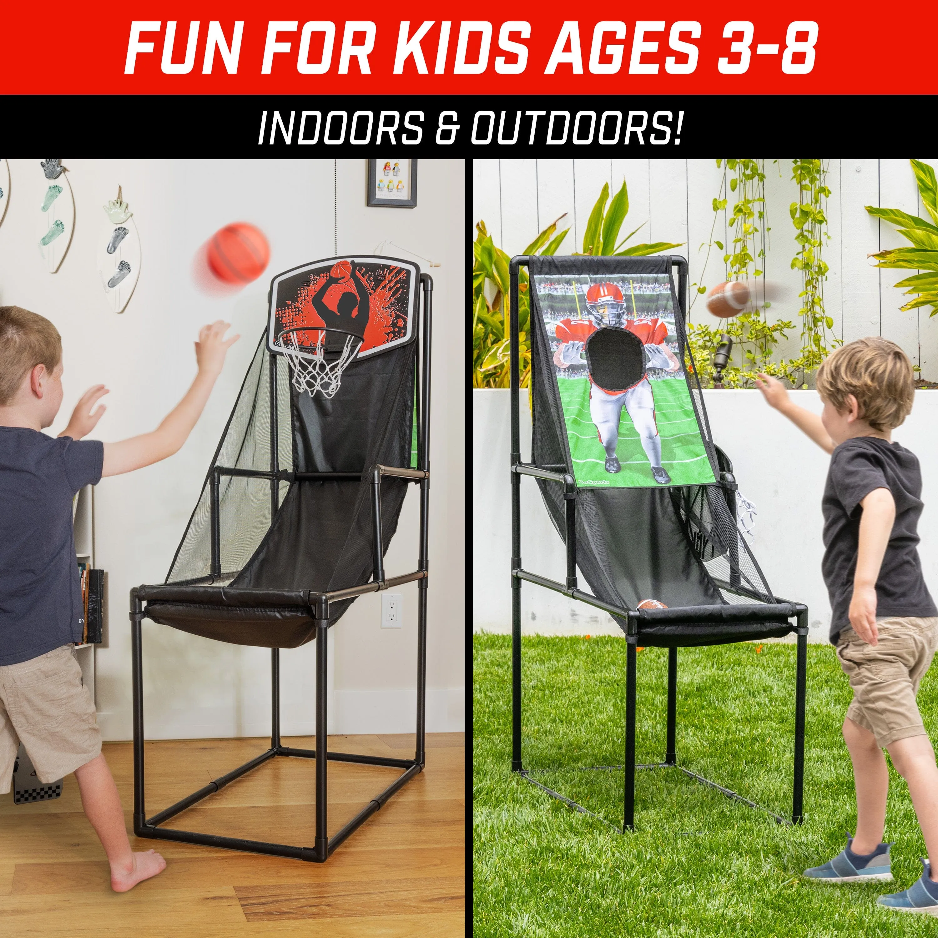 GoSports 2 in 1 Basketball & Football Toss Arcade Game - Indoor & Outdoor Toy Hoop for Kids Ages 3-8