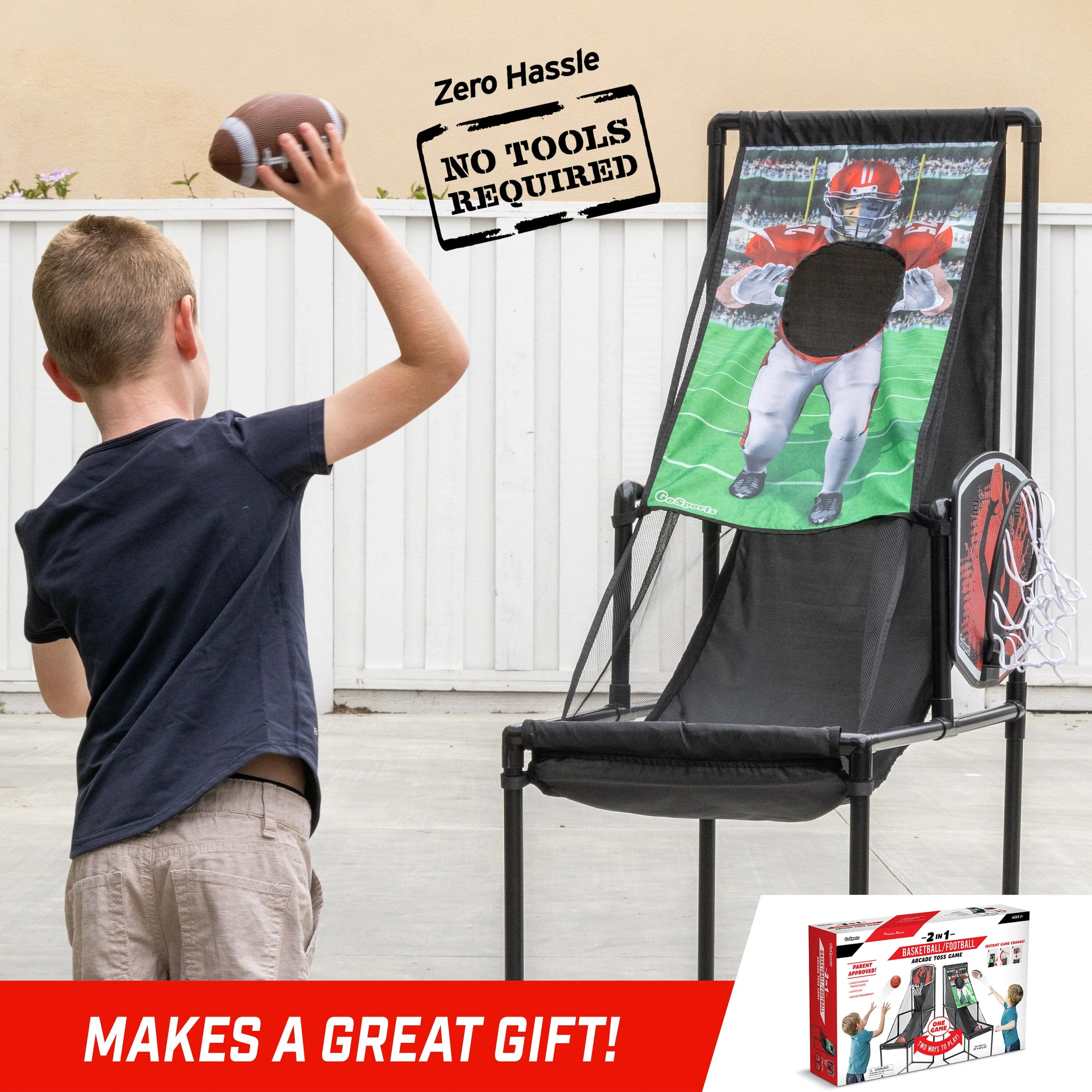 GoSports 2 in 1 Basketball & Football Toss Arcade Game - Indoor & Outdoor Toy Hoop for Kids Ages 3-8