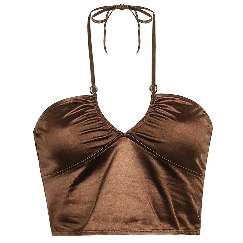 HEYounGIRL Sexy Strappy Brown Y2K Halter Crop Top Women Summer Backless Cami Tops Tees Ladies Fashion Fitness Camisole Party