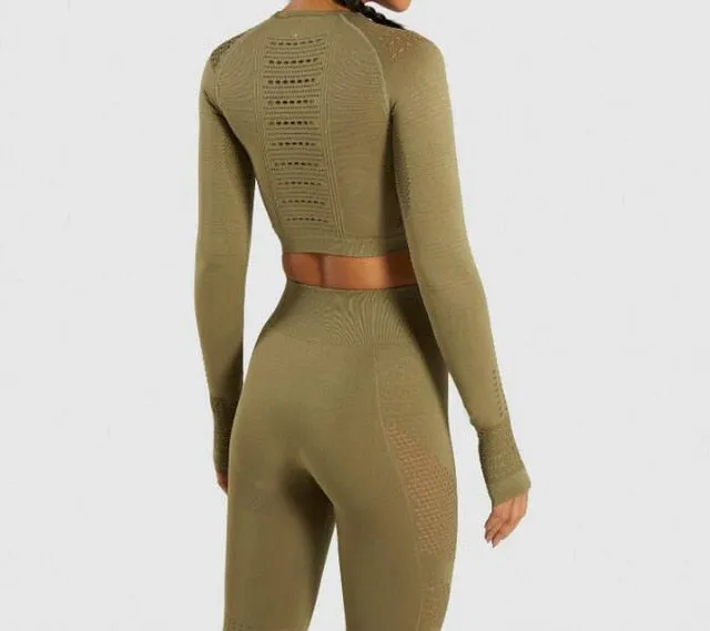 Women Seamless Yoga Sets High Waist Gym Mesh Leggings Shirts Suit Long Sleeve Fitness Workout Sports Running Thin Yoga Sets