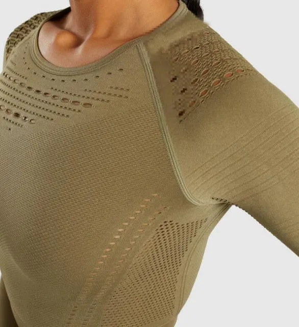 Women Seamless Yoga Sets High Waist Gym Mesh Leggings Shirts Suit Long Sleeve Fitness Workout Sports Running Thin Yoga Sets