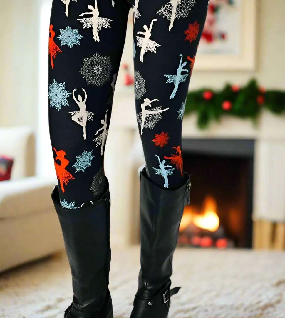 Womens Christmas Nutcracker Ballet Snowflake Leggings, Soft Yoga Pants, Sizes 0-18, No-Roll Waist, Black/Red