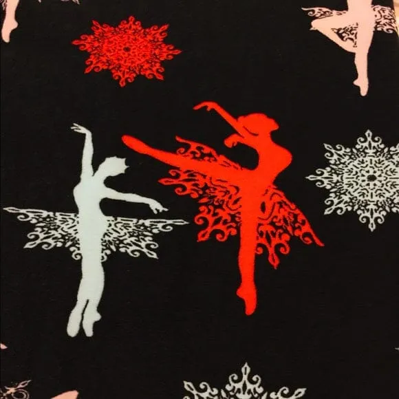 Womens Christmas Nutcracker Ballet Snowflake Leggings, Soft Yoga Pants, Sizes 0-18, No-Roll Waist, Black/Red